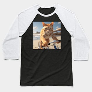 Ginger Cat Riding A Bicycle Along The Beach Baseball T-Shirt